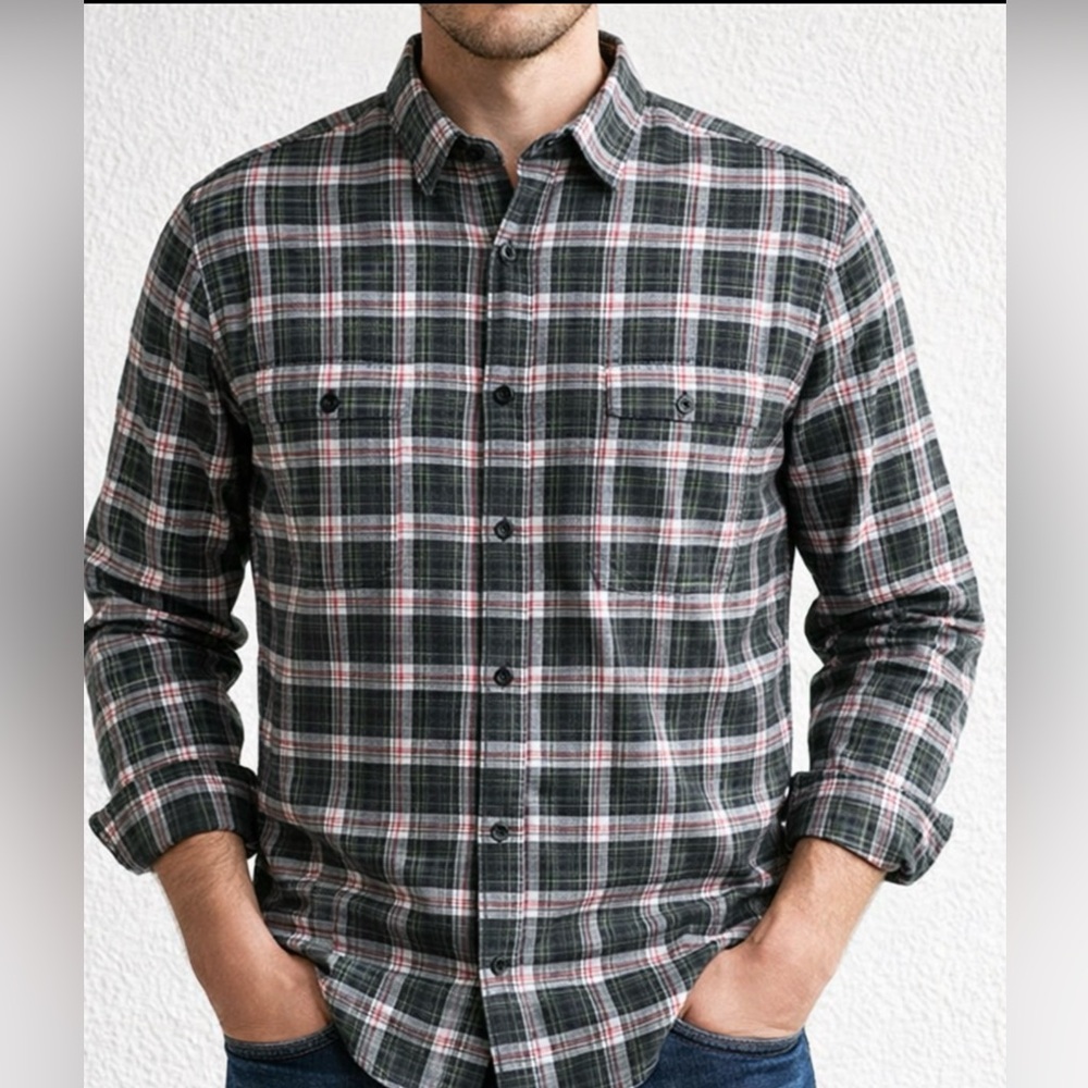 NWTS Eddie Bauer Men's Button Up Shirt,  Plaid- Black, White, Red, Sz Med